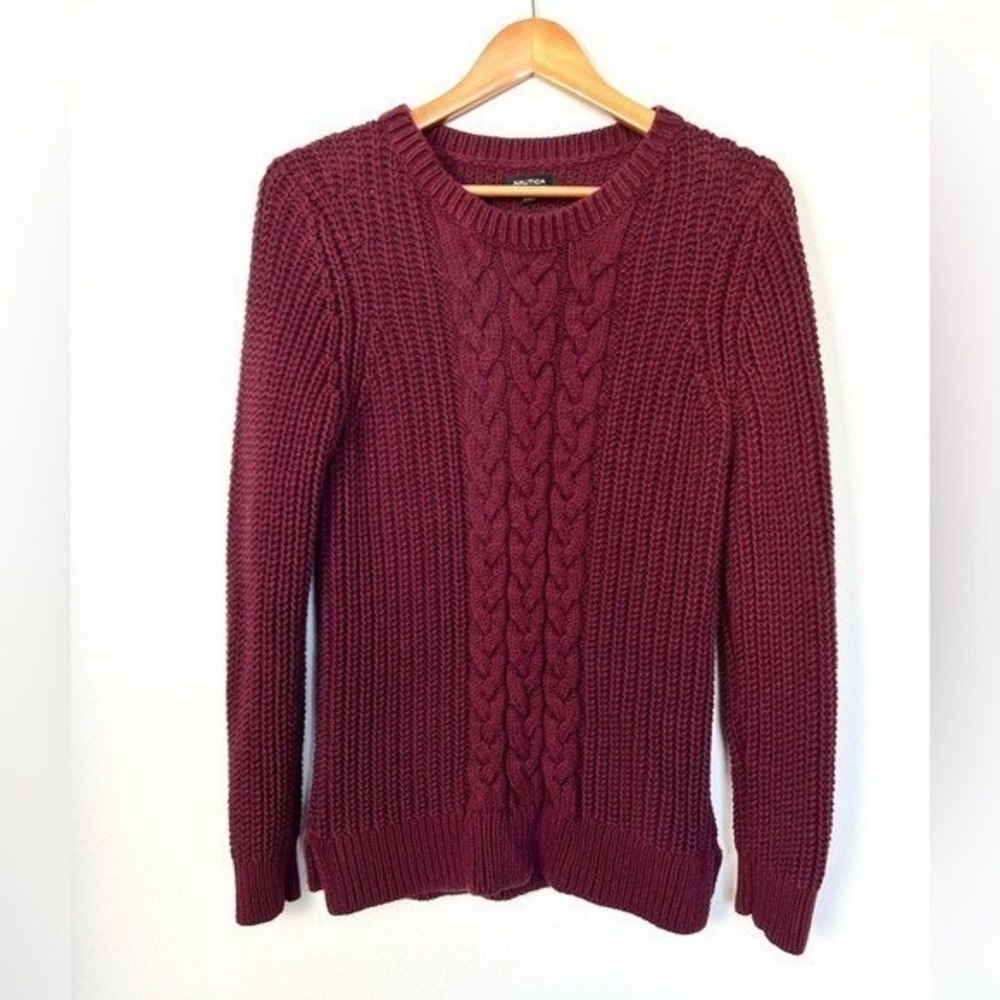 Nautica Cable Knit Sweater Womens Large Maroon Preppy Classic Academia Fisherman